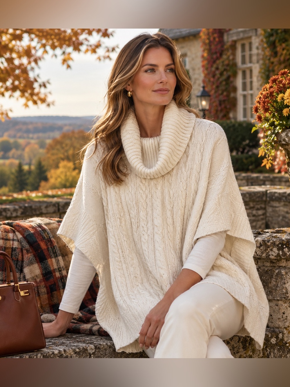 ANN TAYLOR Ivory Cream Cable Knit Sweater Cowl Neck Poncho Size XS/S